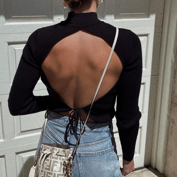 Camila Coelho Sweaters - CAMILA COELHO Ribbed Knit Cropped M Black Cutout Open Back Mock Neck Long Sleeve